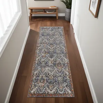 8' Ivory Blue and Brown Floral Power Loom Runner Rug With Fringe