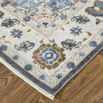 12' Ivory Red and Blue Oriental Power Loom Runner Rug With Fringe