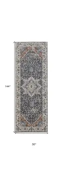 12' Ivory Red and Blue Oriental Power Loom Runner Rug With Fringe