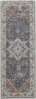 12' Ivory Red and Blue Oriental Power Loom Runner Rug With Fringe