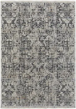 3' X 5' Ivory and Gray Abstract Power Loom Worn Faded Area Rug With Fringe