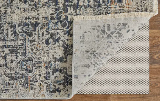 12' Ivory and Gray Abstract Power Loom Worn Faded Runner Rug With Fringe