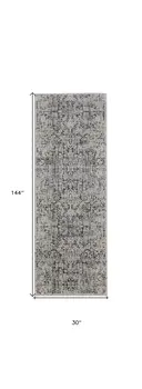 12' Ivory and Gray Abstract Power Loom Worn Faded Runner Rug With Fringe