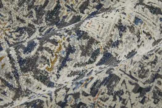 12' Ivory and Gray Abstract Power Loom Worn Faded Runner Rug With Fringe
