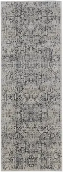 8' Ivory and Gray Abstract Power Loom Worn Faded Runner Rug With Fringe