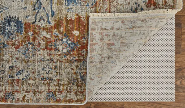 3' X 5' Gray Blue and Orange Oriental Power Loom Worn Faded Area Rug With Fringe