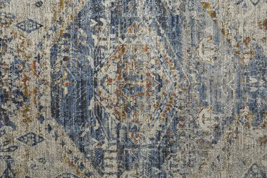 3' X 5' Gray Blue and Orange Oriental Power Loom Worn Faded Area Rug With Fringe