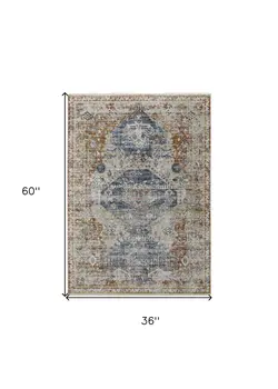 3' X 5' Gray Blue and Orange Oriental Power Loom Worn Faded Area Rug With Fringe