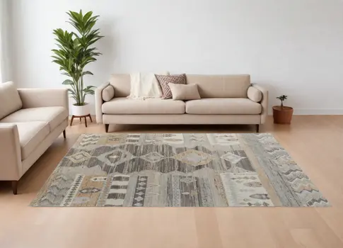 8' X 10' Ivory Gray and Orange Wool Moroccan Hand Knotted Area Rug