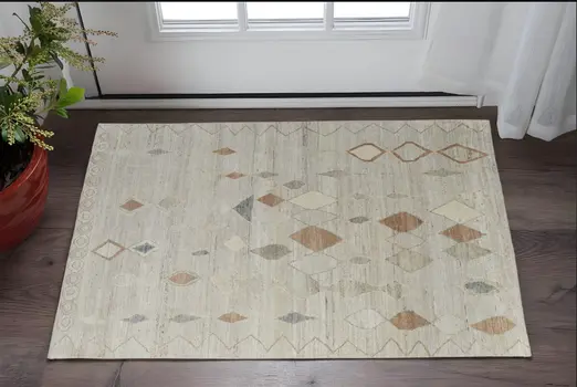 2' X 3' Tan Brown and Gray Wool Moroccan Hand Knotted Area Rug