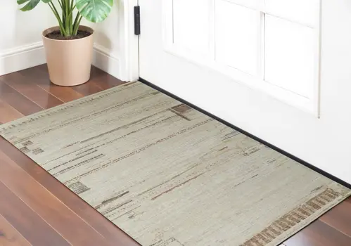 2' X 3' Gray Tan and Green Wool Abstract Hand Knotted Area Rug