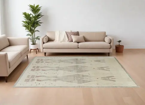 8' X 10' Gray and Red Wool Geometric Hand Knotted Area Rug