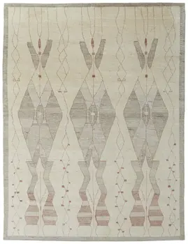 9' X 13' Gray and Red Wool Geometric Hand Knotted Area Rug