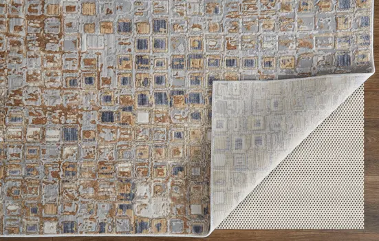 3' X 5' Tan Ivory and Blue Geometric Power Loom Worn Faded Area Rug
