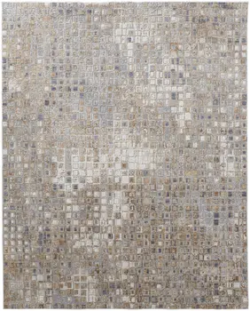 3' X 5' Tan Ivory and Blue Geometric Power Loom Worn Faded Area Rug