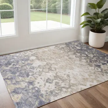 3' X 5' Ivory Tan and Blue Ombre Power Loom Area Rug