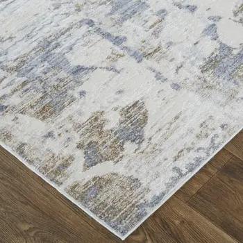 3' X 5' Gray and Blue Abstract Power Loom Worn Faded Area Rug