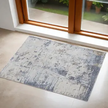 3' X 5' Gray and Blue Abstract Power Loom Worn Faded Area Rug
