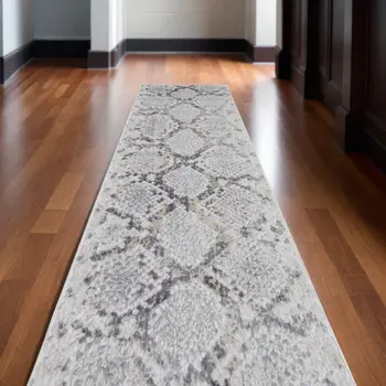 12' Gray and Silver Floral Power Loom Runner Rug