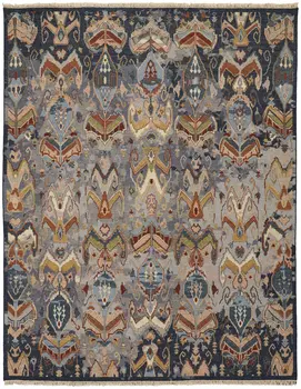 8' X 10' Blue Gray and Brown Wool Ikat Hand Knotted Area Rug With Fringe