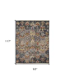 8' X 10' Blue Gray and Brown Wool Ikat Hand Knotted Area Rug With Fringe