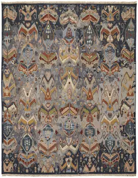 9' X 13' Blue Gray and Brown Wool Ikat Hand Knotted Area Rug With Fringe