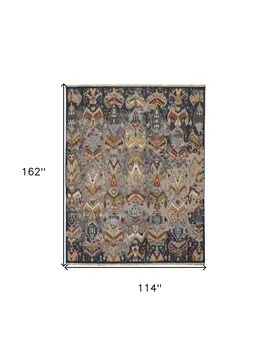 9' X 13' Blue Gray and Brown Wool Ikat Hand Knotted Area Rug With Fringe