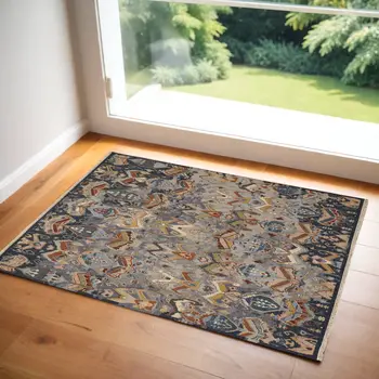 2' X 3' Blue Gray and Brown Wool Ikat Hand Knotted Area Rug With Fringe
