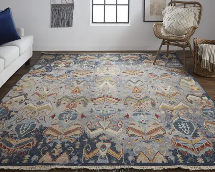 2' X 3' Blue Gray and Brown Wool Ikat Hand Knotted Area Rug With Fringe