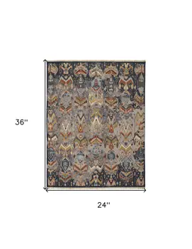 2' X 3' Blue Gray and Brown Wool Ikat Hand Knotted Area Rug With Fringe