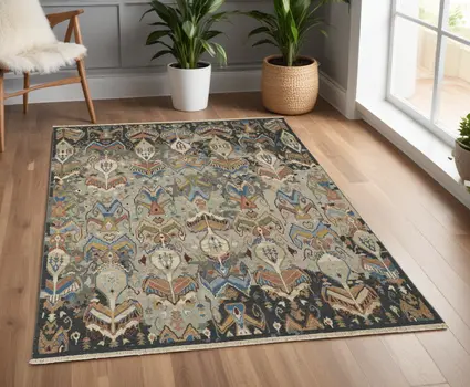 4' X 6' Blue Gray and Brown Wool Ikat Hand Knotted Area Rug With Fringe