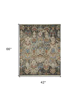 4' X 6' Blue Gray and Brown Wool Ikat Hand Knotted Area Rug With Fringe