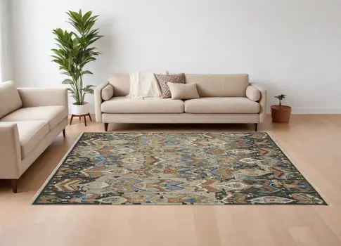 12' X 15' Blue Gray and Brown Wool Ikat Hand Knotted Area Rug With Fringe
