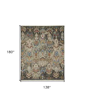 12' X 15' Blue Gray and Brown Wool Ikat Hand Knotted Area Rug With Fringe