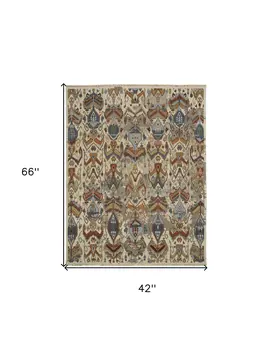 4' X 6' Ivory Blue and Brown Wool Ikat Hand Knotted Area Rug With Fringe