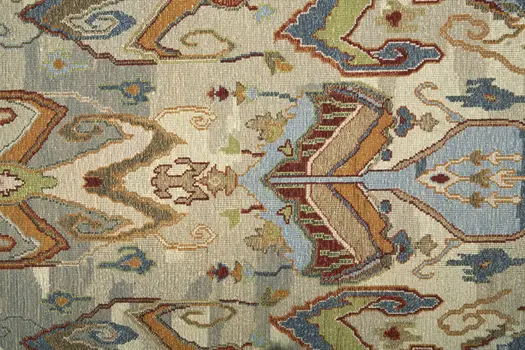 8' X 12' Ivory Blue and Brown Wool Ikat Hand Knotted Area Rug With Fringe