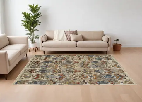8' X 12' Ivory Blue and Brown Wool Ikat Hand Knotted Area Rug With Fringe