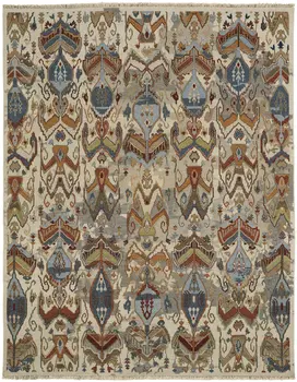 8' X 12' Ivory Blue and Brown Wool Ikat Hand Knotted Area Rug With Fringe