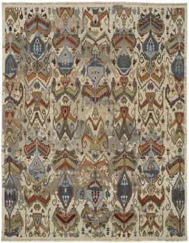8' X 12' Ivory Blue and Brown Wool Ikat Hand Knotted Area Rug With Fringe