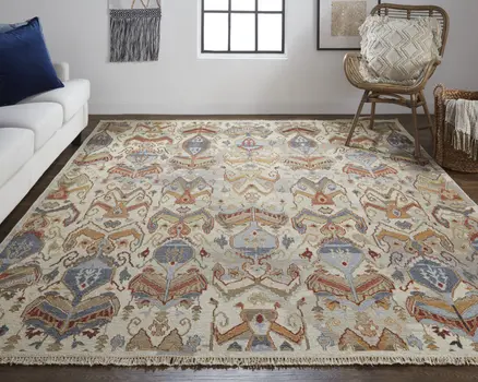 2' X 3' Ivory Blue and Brown Wool Ikat Hand Knotted Area Rug With Fringe