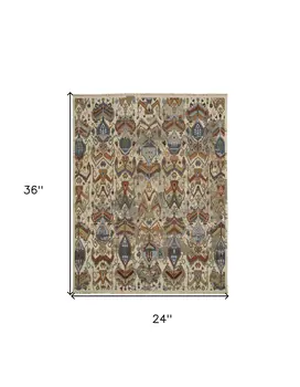 2' X 3' Ivory Blue and Brown Wool Ikat Hand Knotted Area Rug With Fringe