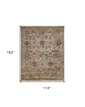 9' X 13' Tan Brown and Gray Wool Floral Hand Knotted Area Rug With Fringe