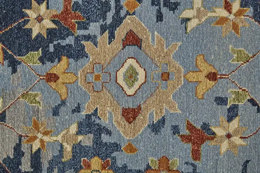 4' X 6' Blue Gray and Red Wool Floral Hand Knotted Area Rug With Fringe