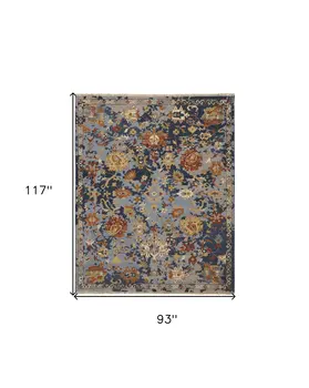 8' X 10' Blue Gray and Red Wool Floral Hand Knotted Area Rug With Fringe