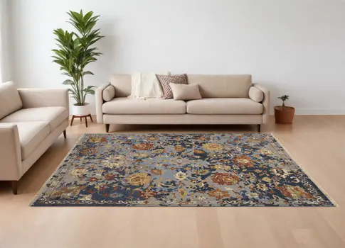 8' X 12' Blue Gray and Red Wool Floral Hand Knotted Area Rug With Fringe