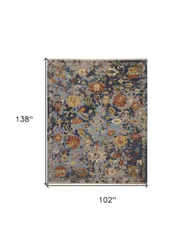 8' X 12' Blue Gray and Red Wool Floral Hand Knotted Area Rug With Fringe