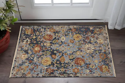 2' X 3' Blue Gray and Red Wool Floral Hand Knotted Area Rug With Fringe