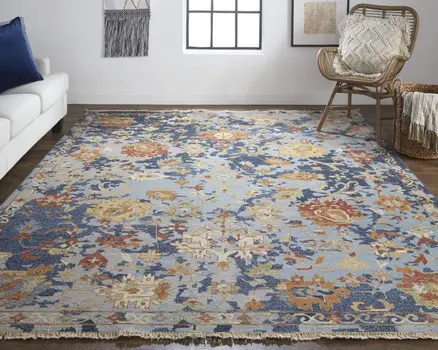 2' X 3' Blue Gray and Red Wool Floral Hand Knotted Area Rug With Fringe