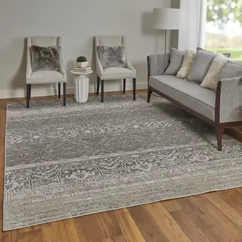 12' X 15' Black and Silver Abstract Power Loom Worn Faded Area Rug