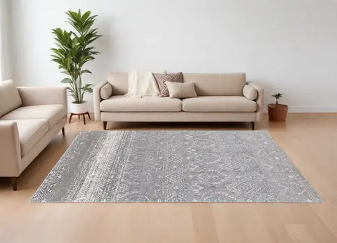12' X 15' Black and Silver Abstract Power Loom Worn Faded Area Rug